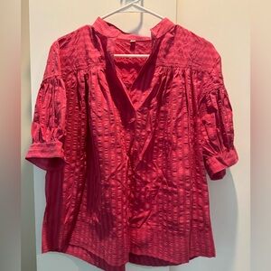 Pink V-Neck, puff sleeve Blouse